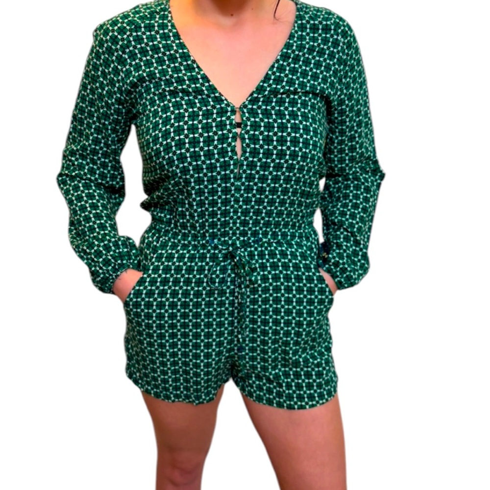 Size 6 Kelly Green, Navy Blue, & White Patterened Boho Long Sleeve Romper H & M